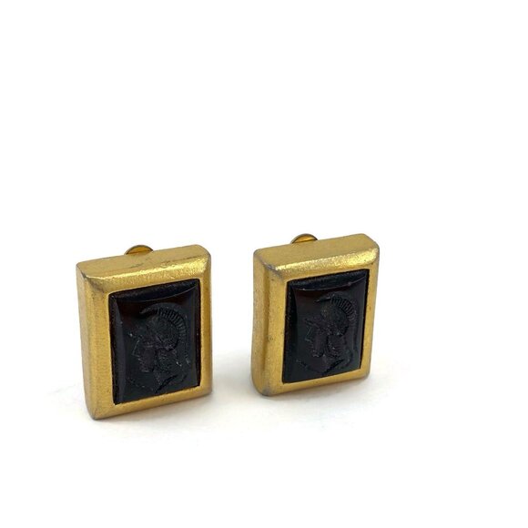 Clip On Earrings, Square Black Glass Intaglio Earrings, Vintage Clips - Picture 4 of 11